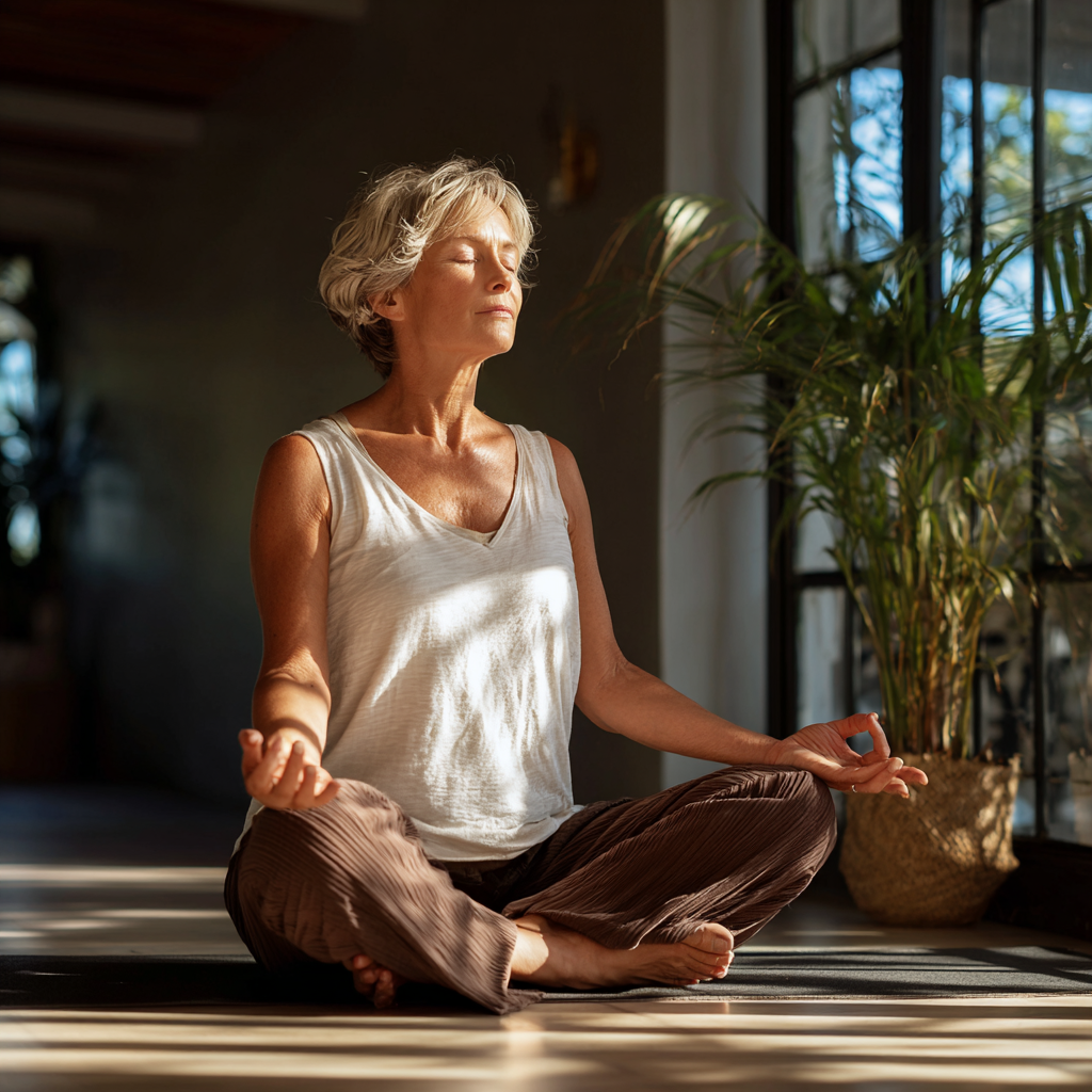 Middle-aged woman practicing yoga in serene studio environment with natural lighting