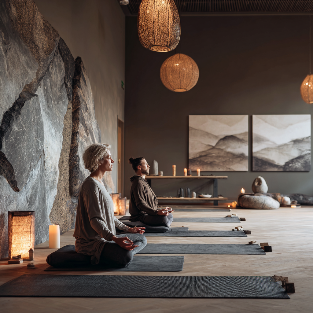 Peaceful yoga studio with natural elements and mature practitioners in meditation poses